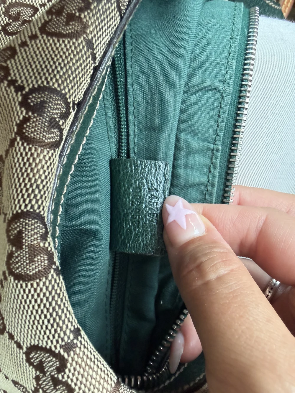 Beige Gucci Monogram Hobo Shoulder Bag with Green Trim
